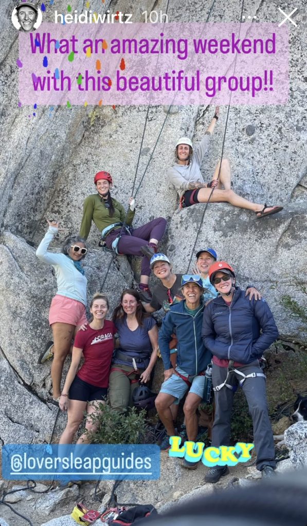 Heidi Wirtz's Instagram story showing group portrait of women rock climbers outside at the crag.