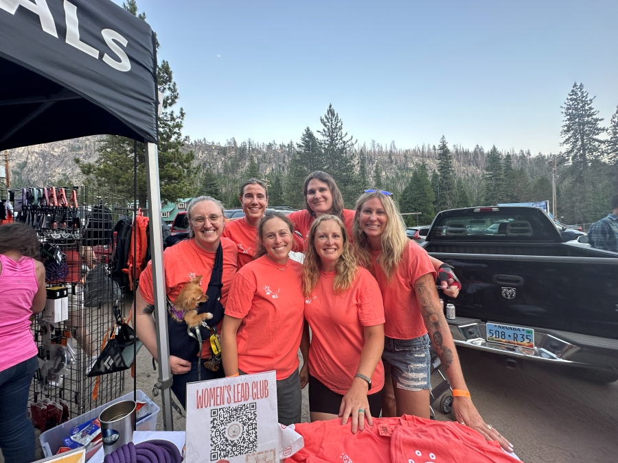 Six Women's Lead Club members posed for a portrait at a rock climbing festival at Lovers Leap, Tahoe.