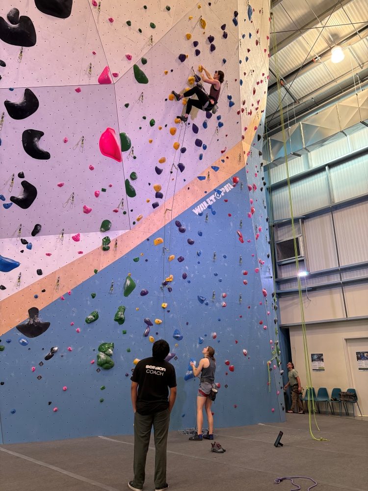 Woman lead climbing at Session climbing gym.
