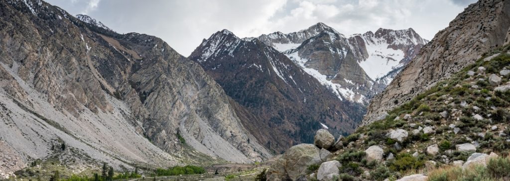Panoramic view of snow topped mountains at Pine Creek Canyon, Bishop, California.